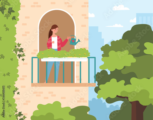 Watering flowers on balcony. Girl with plants in home or castle. Love for plants and nature, gardening. Caring for nature and ecology. Routine and household chores. Cartoon flat vector illustration