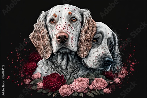 Valentine's Day Rose Cuddling English Setter Dog Couple: A Romantic Illustration of Love, Heart, Cuteness and Engagement Flowers (check my Portfolio for more Animal Species & Dog/Cat breeds) photo