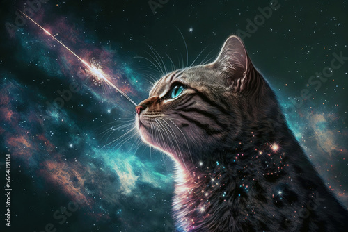 Mysterious cat gazes upon the mesmerizing galaxy, surrounded by a starry night sky. Generative AI