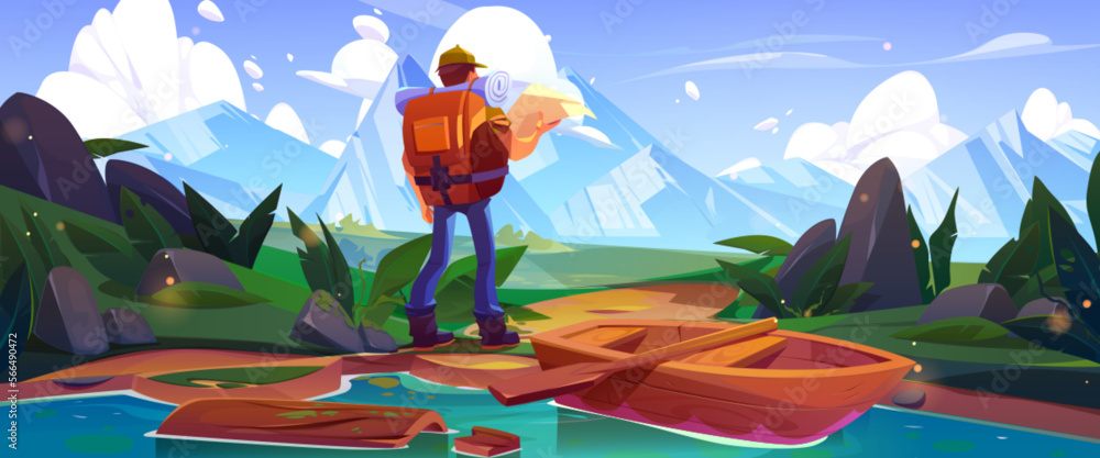 Obraz premium Male tourist hiking in mountains with map. Vector cartoon illustration of traveler man with backpack searching way, admiring rocky landscape covered with snow, standing near river with wooden boat