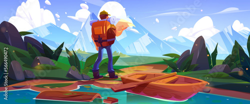 Male tourist hiking in mountains with map. Vector cartoon illustration of traveler man with backpack searching way, admiring rocky landscape covered with snow, standing near river with wooden boat