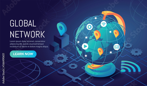 Global network dark. Modern technologies and digital world. Communication and interaction on Internet, cyberspace. Globe with pins, geolocation. Cartoon isometric vector illustration