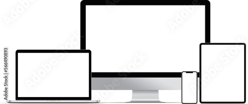 Multiple desktop devices with blank screen for responsive layout mockup	 photo