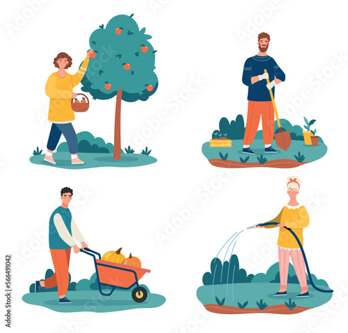 People in garden. Men and women harvesting. Agriculture and farming. Character watering vegetables, young guy with cart of pumpkins. Cartoon flat vector illustrations isolated on white background