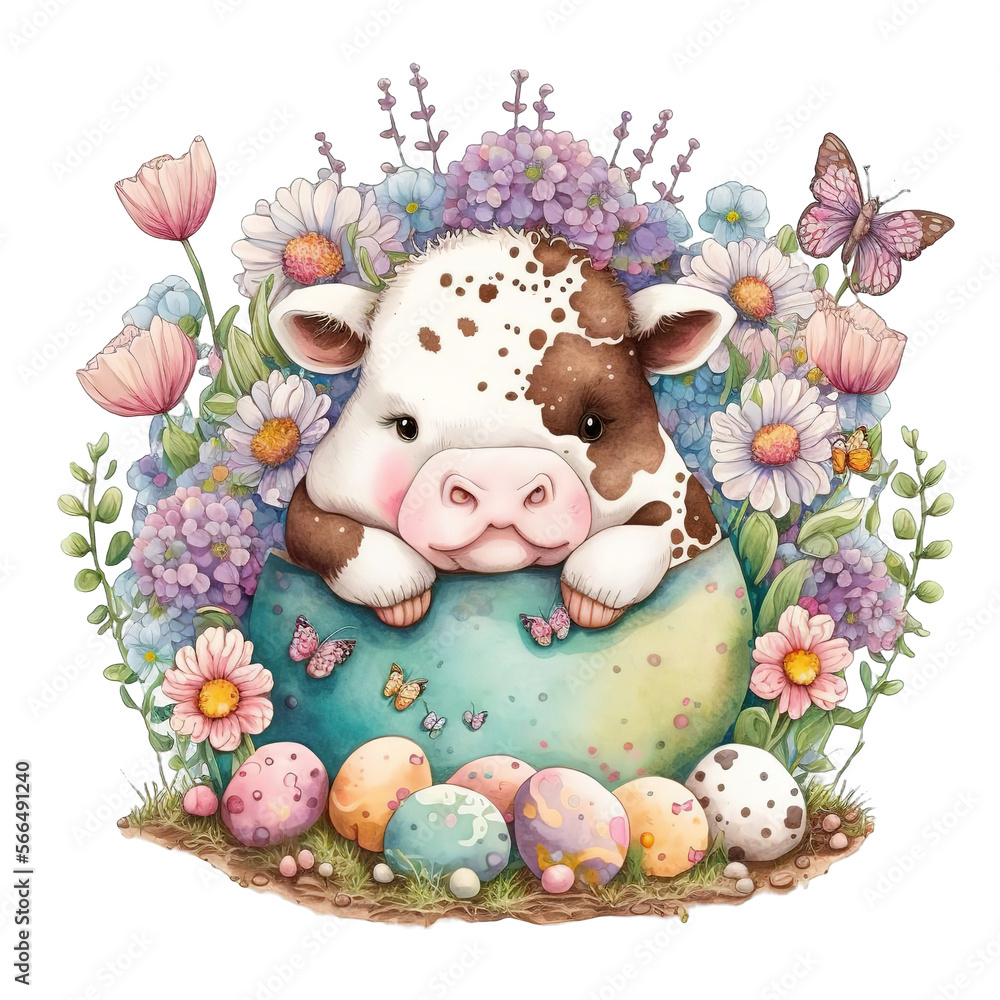 Easter Cow with Eggs Easter Flowers Generative AI Easter Cow with Eggs Easter Flowers Generative AI