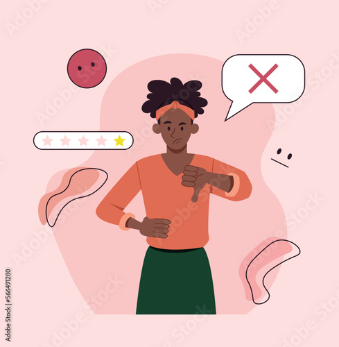 Bad review concept. Young girl shows thumbs down and puts one star. Feedback from unsatisfied customer. Discontent and aggression. Emotions, mood and gestures. Cartoon flat vector illustration