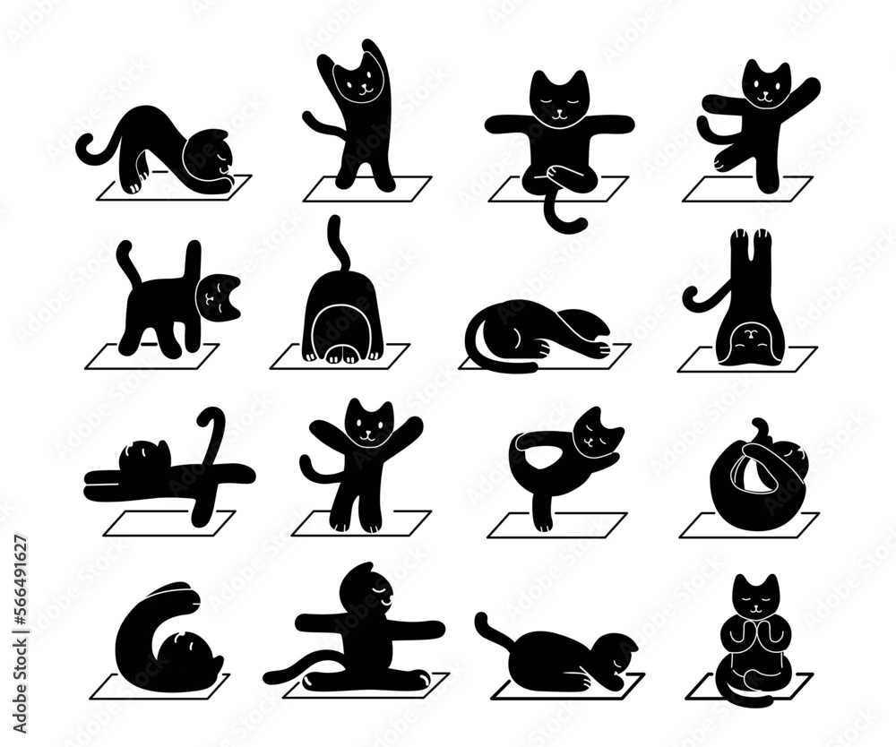 Black cats silhouettes set. Collection of graphic elements for website. Charming kitten, playful character doing yoga, stretching. Cartoon flat vector illustrations isolated on white background