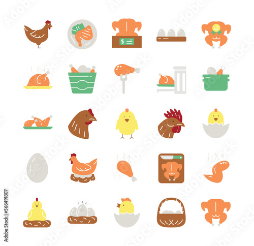 Set of chickens color icon. Collection of graphic elements for site. Chicken mint, natural and organic products. Farming and agriculture. Cartoon flat vector illustrations isolated on white background