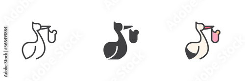 Stork with newborn baby different style icon set