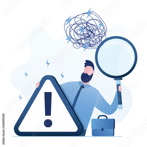 Businessman with warning sign, closeup view. Identification of problems. Chaos in thoughts. Errors and risk analysis. Magnifying glass to investigate.