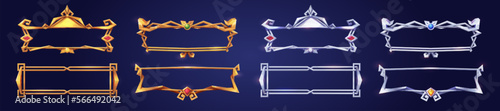 Empty rectangle frames in medieval style for game ui design. Vector cartoon set of user interface elements with golden and silver ornate border, decorated with gems, isolated on background
