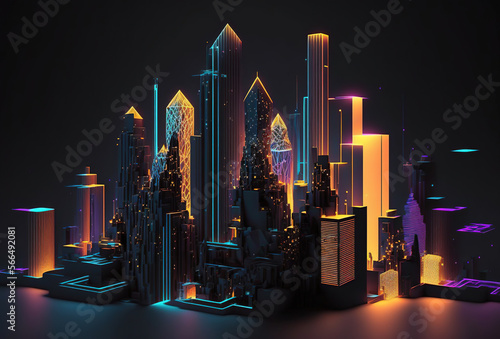 A futuristic night city in the distance glowing with neon light. Surrealistic skyscrapers. Cyberpunk, immersive world of the metaverse. 3D rendering. AI generated. photo