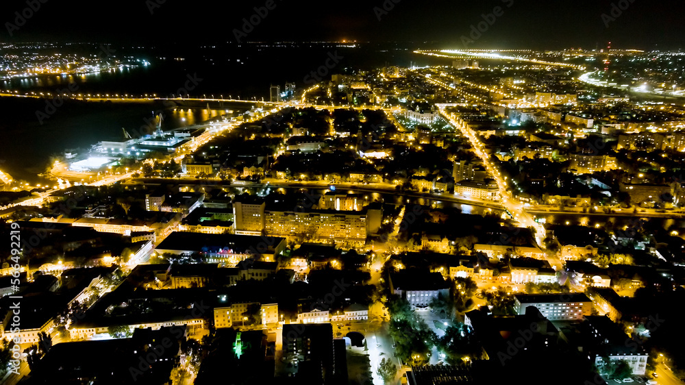 Astrakhan, Russia. Panorama of the night city, Aerial View