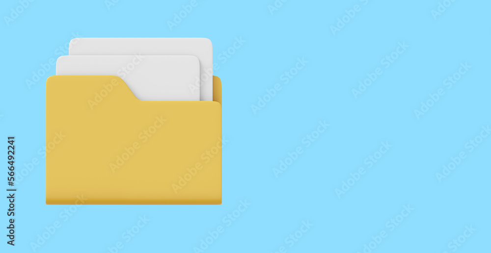 Computer folder with sheets of paper, files, interface element. 3D rendering. Icon on blue background, space for text.
