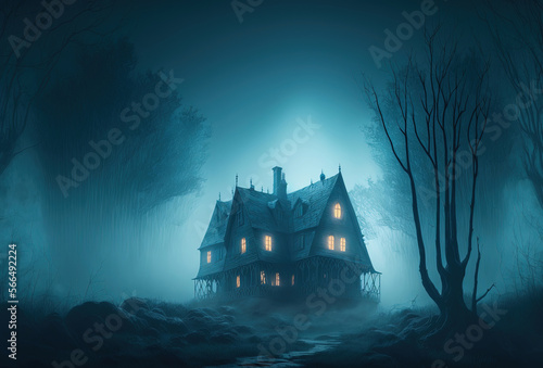 Dwelling of a witch, a sorcerer. Scary old haunted house in the woods. Mystical creepy night fog. 3D rendering. AI generated. © photolas