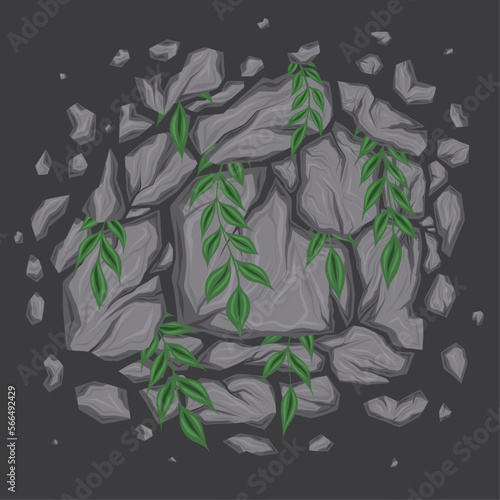 Vector illustration of broken stones with plant stems. Cartoon clipart smashed rocks with cracks and foliages. Gravel and leaves.