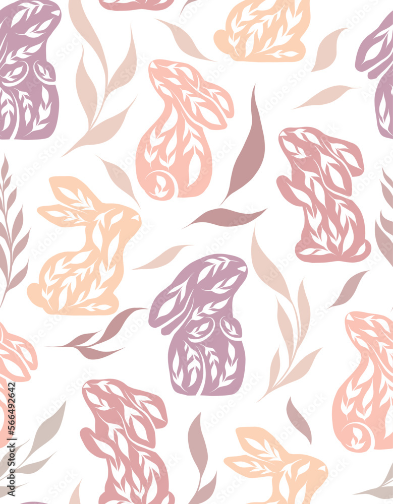 Vector seamless pattern with decorated rabbits and leaves. Texture with folk art hares and foliages in pastel colors on white background. Vector seamless pattern with decorated rabbits and leaves. Texture with folk art hares and foliages in pastel colors on white background.