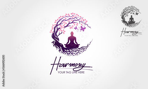 Harmony Vector Logo Template. Awesome Logo template that combine silhouette human, butterfly with purple leaves that means Healthy Life, perfect for health company, therapy, healing activist, etc.