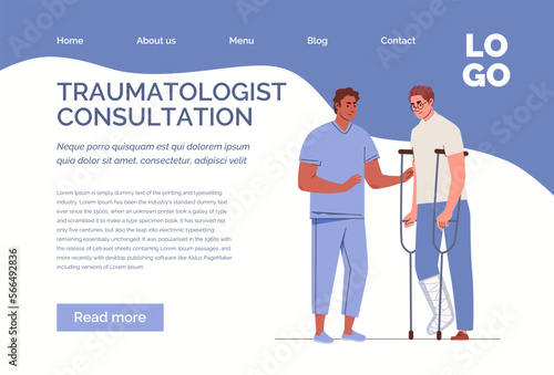 Doctor, paramedic accompanies or teaches patient with broken leg in cast to walk on crutches. Website, template, landing page. Vector characters flat cartoon illustration.