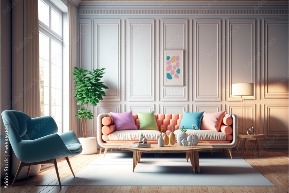 Living Room Interior Design Mid-Century Modern Series: White walls with