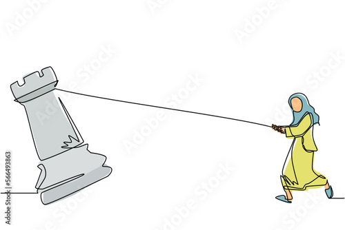 Continuous one line drawing Arabian businesswoman pulling big rook chess with rope. Business achievement goal, strategy, competitive, strategic concept. Single line draw design vector illustration