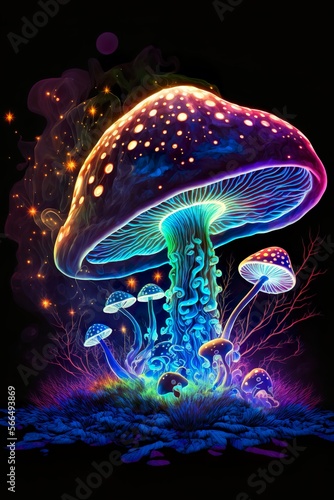 Glowing psychedelic Mushroom  "Radiant and dreamy, this fantasy mushroom illuminates with a mesmerizing glow, transporting you to a psychedelic wonderland." © sitikorn