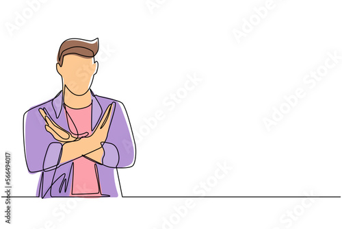 Continuous one line drawing young man crossing arms and saying no gesture. Person making X shape, stop sign with hands and negative expression. Single line draw design vector graphic illustration