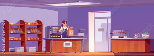 Young saleswoman packing fresh bread in paper bag for bakery shop customer. Vector cartoon illustration of confectionery with muffins, cakes, baked buns on showcase shelves and in oven. Small business