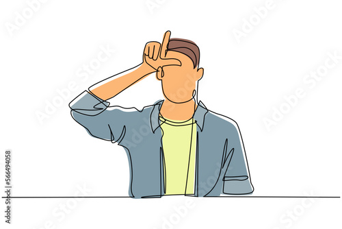 Single continuous line drawing unhappy man showing loser sign on forehead with fingers. Stressed trendy person gesturing hand over head. Male making 'L' symbol. One line draw graphic design vector