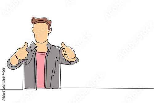 Single continuous line drawing confident businessman thumbs up. Excited business man dressed in casual wear showing thumbs up sign. Deal, like, agree, approve, accept. One line draw design vector