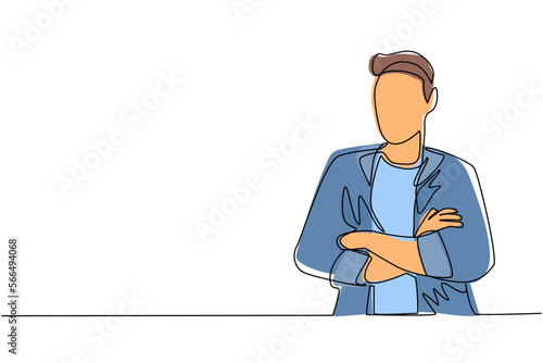 Continuous one line drawing young businessman standing with folded arms. Smiling handsome man in casual clothes with arms crossed standing isolated. Single line draw design vector graphic illustration