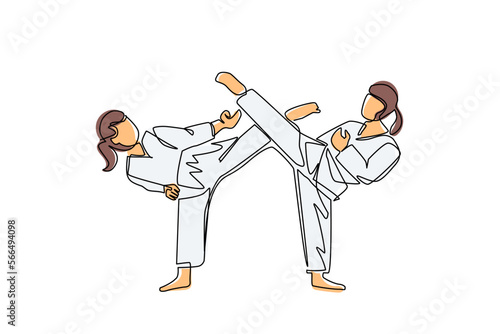 Single continuous line drawing two female karate fighters ready to fight. Professional karate sport fighters standing fighting practicing karate together. One line draw design vector illustration