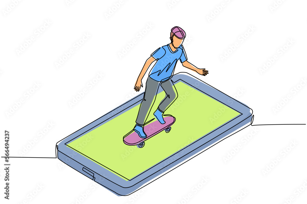 Continuous one line drawing young man riding skateboard on smartphone screen. Stylish male skater in casual outfit. Cool guy moves around city, doing outdoor activities. Single line draw design vector