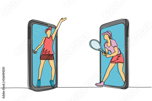 Continuous one line drawing two tennis players comes out from cellular phone ready to play. Two women tennis players play with rackets on court. Championship, training. Single line draw design vector