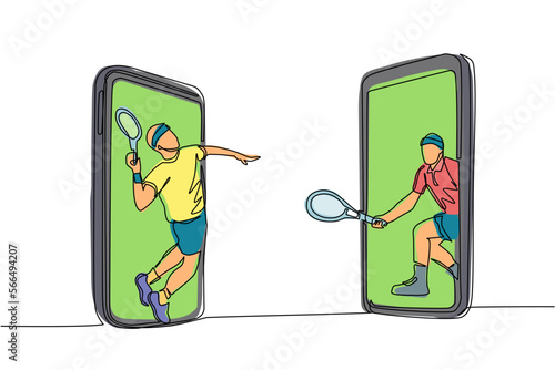 Single continuous line drawing two tennis players comes out from cellular phone ready to play. Two men tennis players in tennis court and one serving tennis ball isolated. One line draw design vector