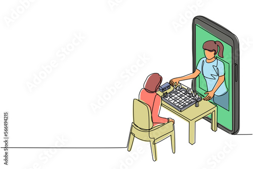 Continuous one line drawing online chess education concept. Two woman sitting at table with chessboard. Teacher shows how to play from smartphone. Single line draw design vector graphic illustration