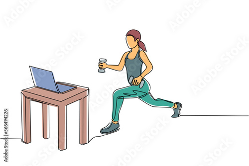 Continuous one line drawing woman doing fitness at home in online classes using her laptop. Fitness online course concept. Online sports training on laptop. Single line draw design vector illustration
