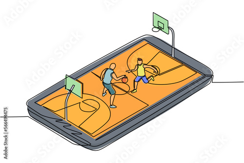 Single one line drawing basketball court with two players on smartphone screen. Online basketball game, mobile e-sport. Online basketball game with live mobile app. Continuous line draw design vector