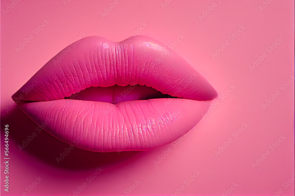 Pink lips painted pink lipstick on a pink background, beautiful shape and texture of beauty cosmetics, lipstick. Generative AI Pink lips painted pink lipstick on a pink background, beautiful shape and texture of beauty cosmetics, lipstick. Generative AI