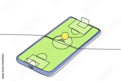 Single continuous line drawing football field on smartphone screen. Mobile football soccer. Mobile sports play match. Online soccer game with live mobile app. One line draw design vector illustration