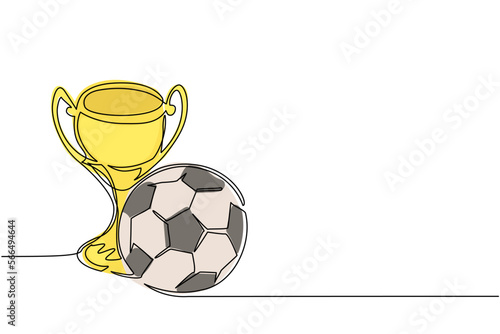 Continuous one line drawing trophy and football ball. Champion cup icon with soccer ball. Championship trophy. Sport tournament award, winner cup and victory concept. Single line draw design vector