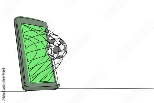 Continuous one line drawing goal scored in smartphone. Online football games. Smartphone application. Mobile football. Mobile sports stream championship to play. Single line draw design vector graphic