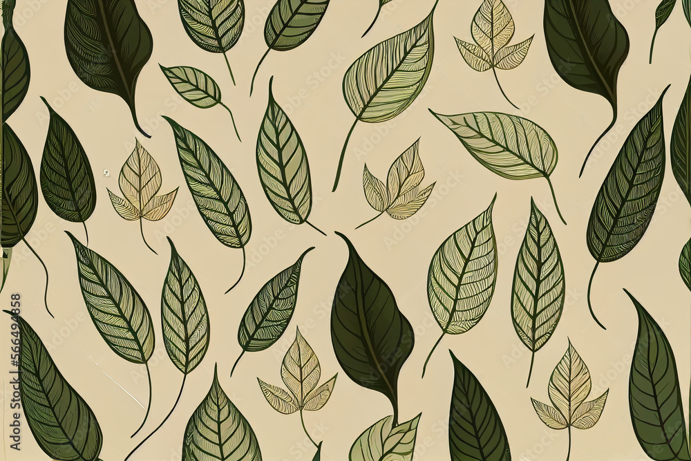 Fototapeta premium Pattern of natural tree leaves design on beige background, ornament of autumn leaves, flora. Generative AI