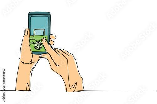 Continuous one line drawing football soccer live online application on stadium background. Smartphone with app soccer football. Mobile sport stream championship to play. Single line draw design vector