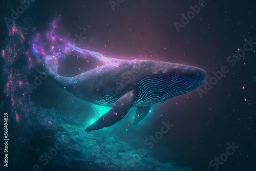 Whale in neon space with particle dust. generative ai © Artistic