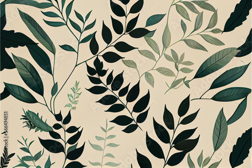  Pattern of natural tree leaves design on beige background, ornament of autumn leaves, flora. Generative AI