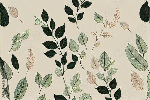  Pattern of natural tree leaves design on beige background, ornament of autumn leaves, flora. Generative AI