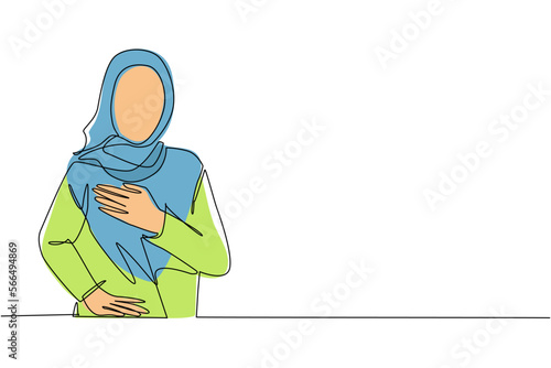 Single one line drawing young Arabic woman keeping hands on chest. Smiling friendly female expressing gratitude. Emotion, body language concept. Continuous line draw design graphic vector illustration