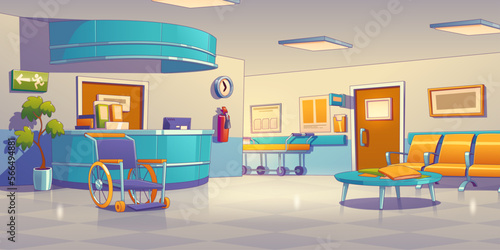Hospital corridor interior design with reception desk, bench in waiting hall, wheelchair and stretcher for patients. Contemporary vector illustration of empty clinic hallway. Healthcare services