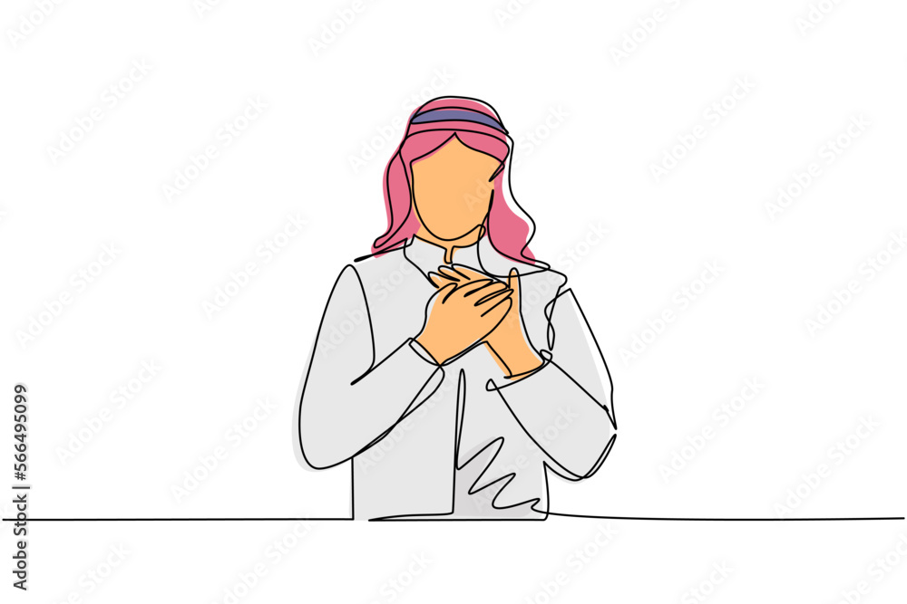Continuous one line drawing young Arab man keeping hands on chest. Male suffering from chest pain or heart attack. Health care concept. Emotion, body language. Single line draw design vector graphic Continuous one line drawing young Arab man keeping hands on chest. Male suffering from chest pain or heart attack. Health care concept. Emotion, body language. Single line draw design vector graphic